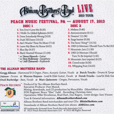 オールマンブラザーズバンド The Allman Brothers Band - Peach Music Festival: Scranton, Pa 08/17/2013 (CD)