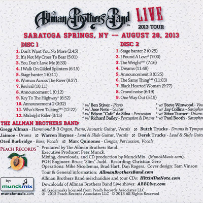 The Allman Brothers Band - 2013 Summer Tour: Saratoga Springs, NY 08/28/2013 (CD)