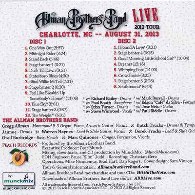 The Allman Brothers Band - 2013 Summer Tour: Charlotte, Nc 08/31/2013 (CD)
