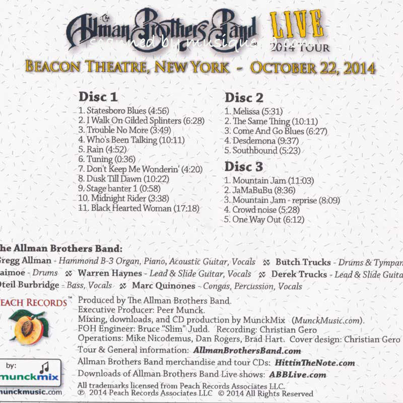 オールマンブラザーズバンド The Allman Brothers Band - Beacon Theatre, New York City 10/22/2014 (CD)