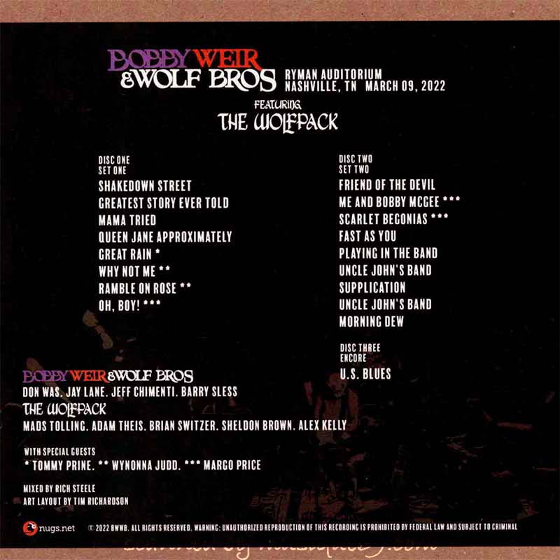 ボブウィア Bob Weir and Wolf Bros feat. The Wolfpack - Ryman Auditorium, Nashville, TN | March 09, 2022 (CD)