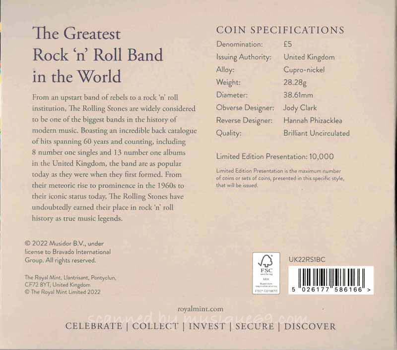 The Rolling Stones - Music Legends: The Rolling Stones 2022 UK £5 Brilliant Uncirculated Colour Coin