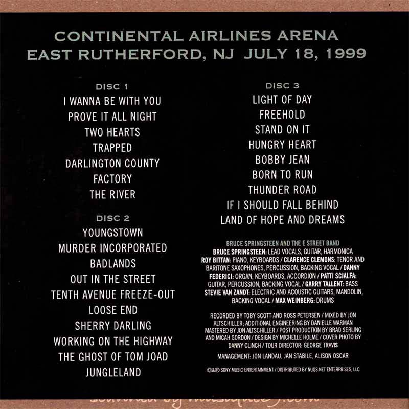 ブルーススプリングスティーン Bruce Springsteen & The E Street Band - Continental Airlines Arena, East Rutherford, NJ | July 18, 1999 (CD)