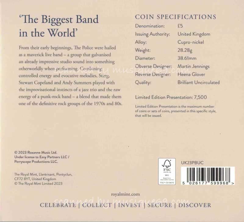ポリス The Police - Music Legends: The Police 2023 UK £5 Brilliant Uncirculated Colour Coin