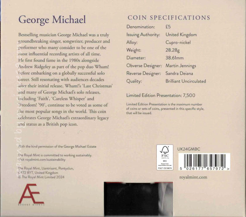 ジョージマイケル George Michael - Music Legends: George Michael 2024 UK £5 Brilliant Uncirculated Colour Coin
