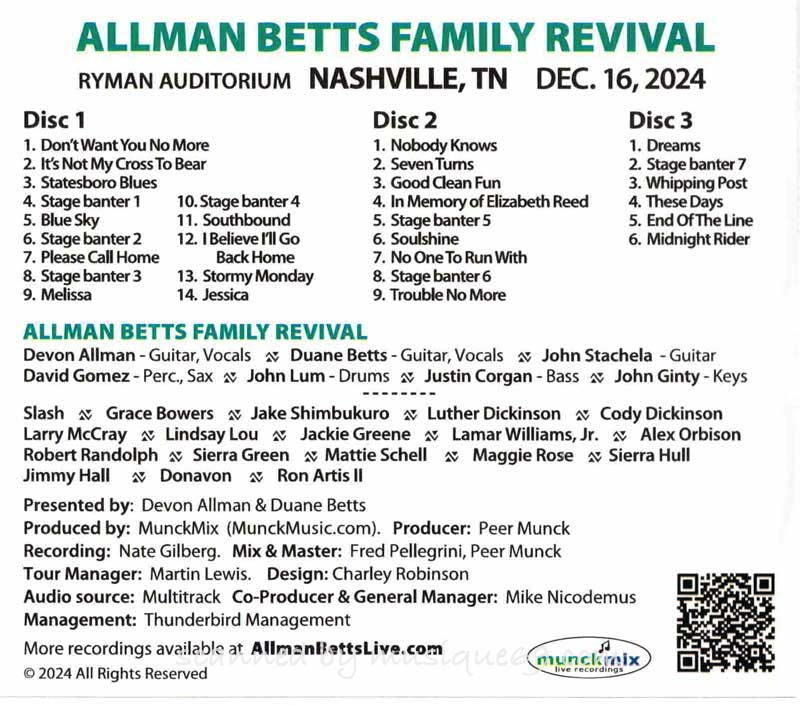 オールマンベッツ Allman Betts Family Revival - 2024 American Tour; Nashville, Tennessee | Dec. 16, 2024 (CD)